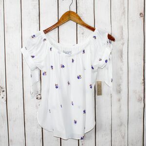 FLYNN SKYE Off Shoulders Blouse Top White w/ floral Print Tie Sleeves S